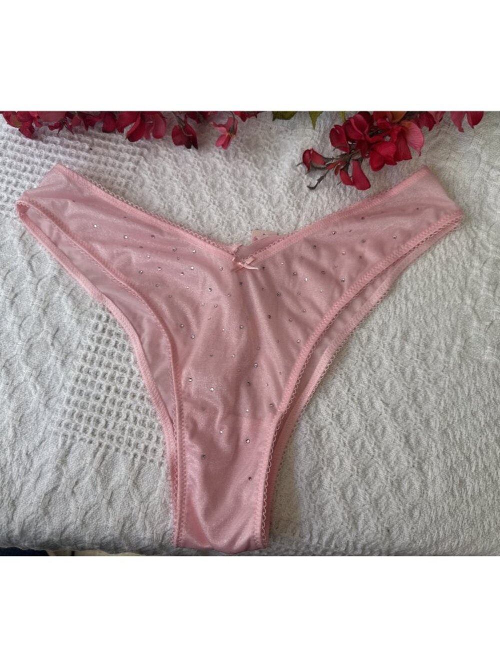 VICTORIA'S SECRET M PINK HIGH LEG BRAZILIAN PANTIES RHINESTONE BLING BOW NWT